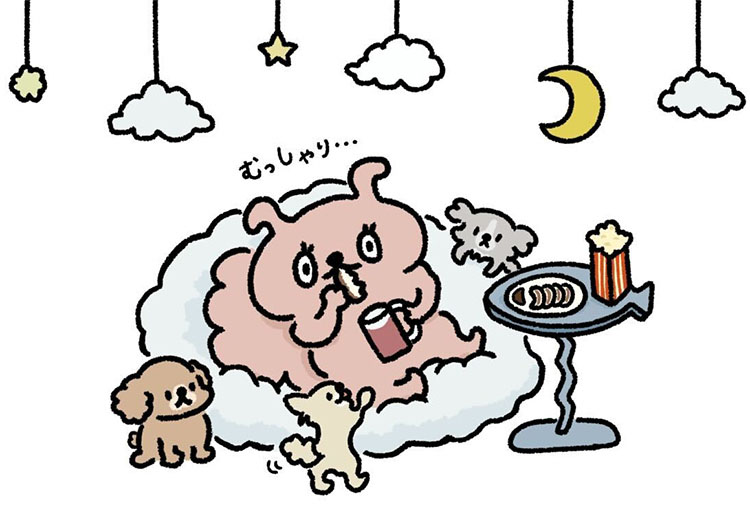 やわらかいものたちに埋もれながら餃子を食べる犬総動員