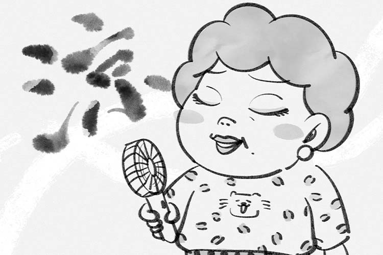 ハンデーフアンで涼むせっちゃんの図